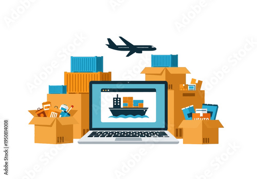Digital logistics and cargo delivery services with a laptop and shipping containers