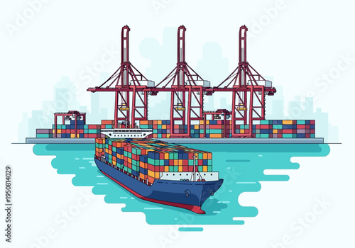 Cargo ship with containers and cranes at the port, illustrating global logistics and shipping industry
