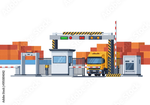 Automated security checkpoint for trucks with scanners and barriers in a logistics facility