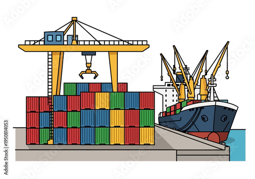 Ship loading cargo containers at a port with a crane