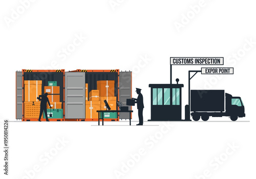 Customs inspection at export point with truck, shipping container, and personnel