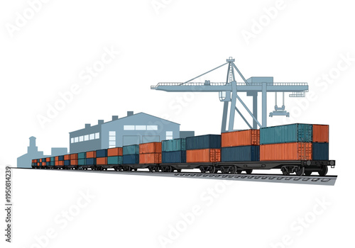 Industrial shipping containers transported by train to a large facility with a crane