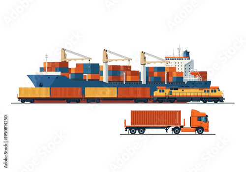 Cargo ship, train, and truck transporting containers for logistics and shipping industry