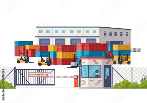Secure Logistics Hub with Forklifts and Shipping Containers at Guarded Entrance