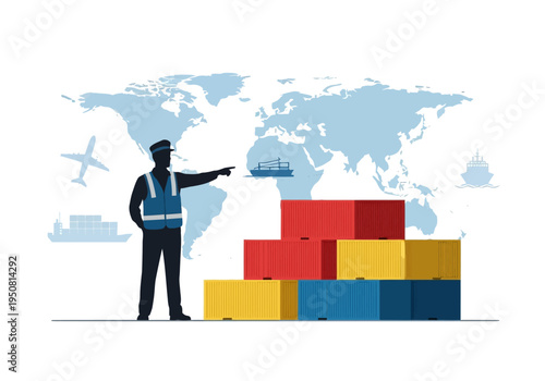 Global shipping and logistics illustration with containers and a supervisor pointing the way