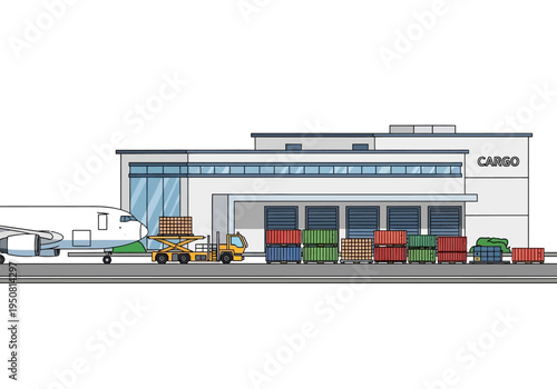 Airplane cargo loading and unloading at a logistics warehouse facility