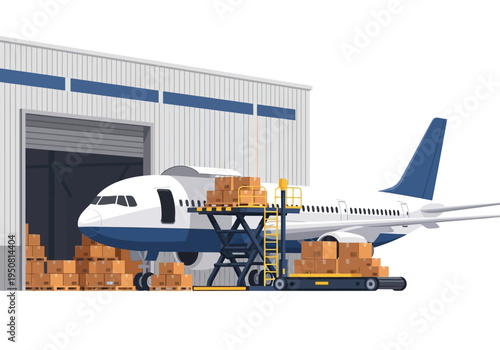 Cargo aircraft being loaded with boxes at an airport hangar for logistics and delivery
