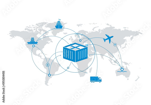 Global logistics network connecting continents with shipping, air, and road transport icons over world map
