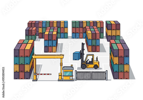 Illustration of a logistics terminal with cargo containers, a forklift, and a security gate