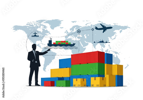 Global Trade and Logistics Shipping Containers, Cargo Ships, Airplanes, and World Map