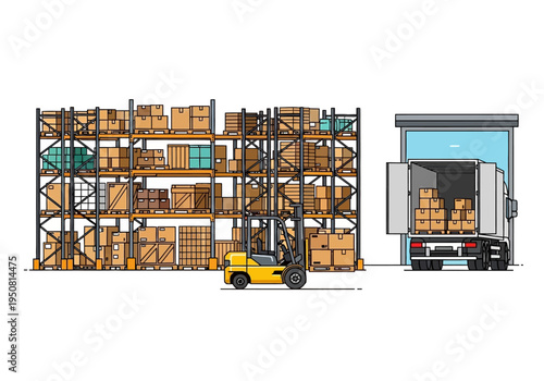 Warehouse logistics and delivery truck loading with forklift and boxes