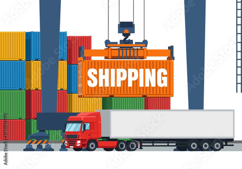 Ocean freight shipping logistics and transportation with cargo containers being loaded onto a truck
