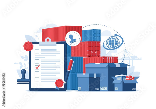 Global logistics and supply chain management with shipping containers and documents