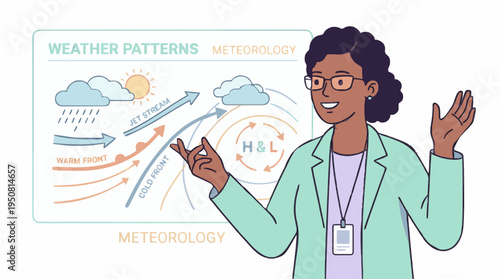 Meteorologist explains weather patterns and atmospheric science with diagrams showing fronts and pressure systems