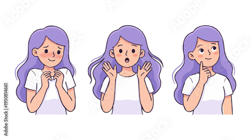 Captivating vector art collection featuring a young woman expressing surprise, deep thought, and heartfelt gratitude. Ideal for designs needing a relatable human touch