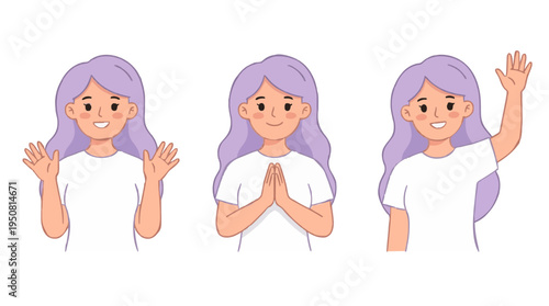 Friendly cartoon girl avatar set showcasing diverse hand gestures including welcoming waves and a polite, respectful greeting pose for communication