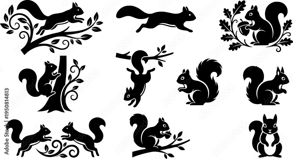 Obraz premium Dynamic Running Squirrel Silhouette Vector Set with Multiple Action Poses and Decorative Elements 