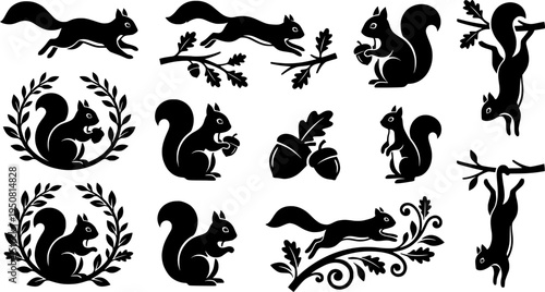 Dynamic Running Squirrel Silhouette Vector Set with Multiple Action Poses and Decorative Elements
