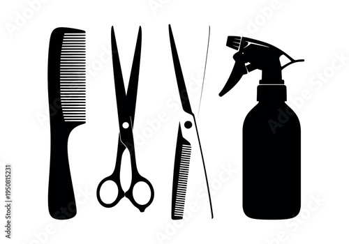 Essential tools for grooming and hairstyling displayed in black and white