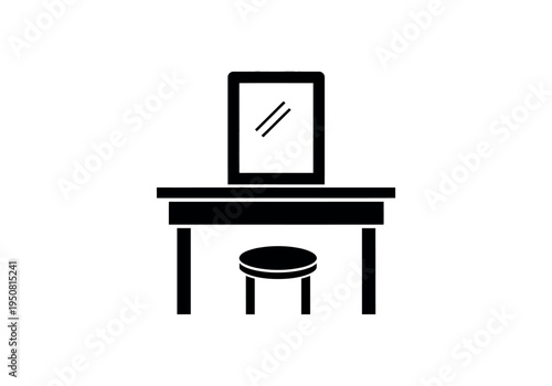 Minimalist black and white illustration of a dressing table and stool