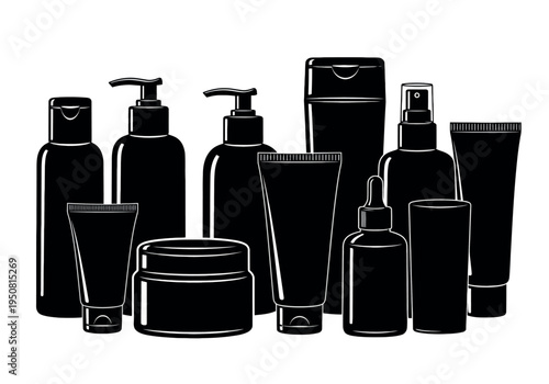 Assorted black beauty and skincare products arranged together in a stylized manner
