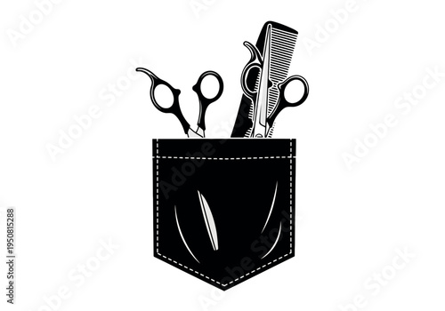 Black pocket with a pair of scissors and hair clippers peeking out