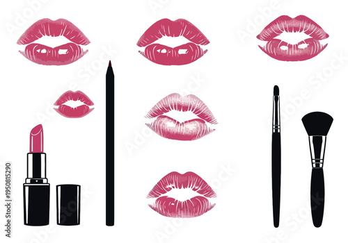 Assorted makeup tools and stylized lip illustrations in pink and black tones