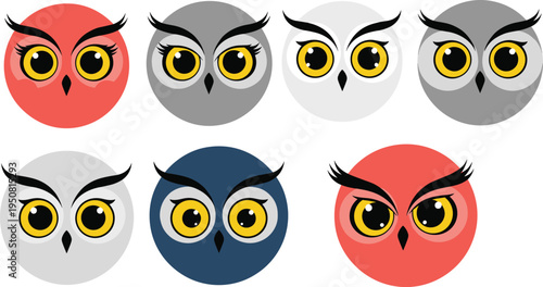 Set of cute owl face icons with big yellow eyes and expressive eyebrows in colorful flat vector style isolated on white background for design