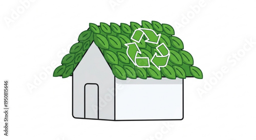 Eco friendly house with green roof and recycling symbol sustainable living concept