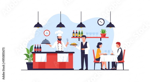 Restaurant scene with chef waiter and customers dining at a table modern interior