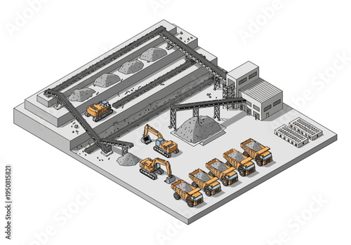Industrial construction site with excavators, dump trucks, and conveyor belts for material handling and processing