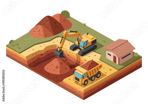 Construction Scene with Excavator and Dump Truck Digging and Transporting Soil