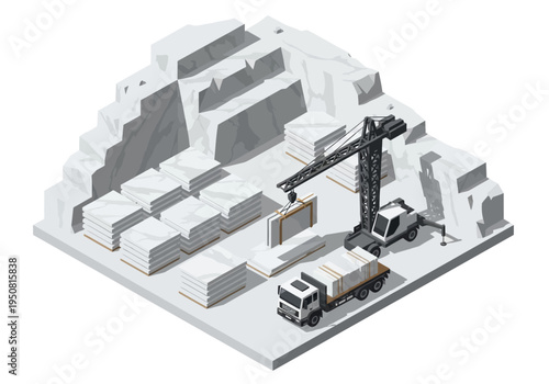 Isometric construction site with crane and truck loading materials near stacks of stone