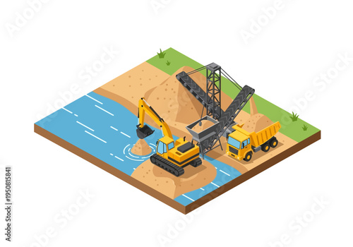 Isometric illustration of construction equipment excavating and loading sand onto a dump truck
