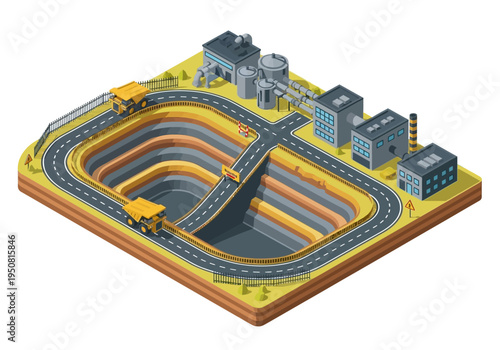 Isometric view of a large open-pit mine with mining trucks and industrial buildings
