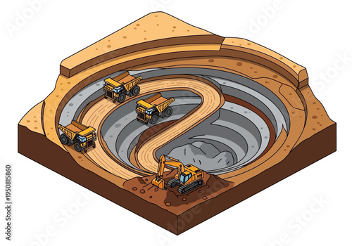 Isometric view of an open-pit mine with dump trucks and an excavator