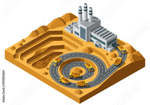 Isometric illustration of an open-pit mine and processing plant with dump trucks in operation