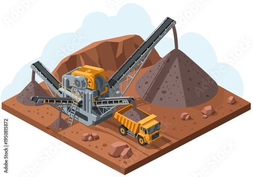 Industrial mining operation with conveyor belt loading truck with raw materials