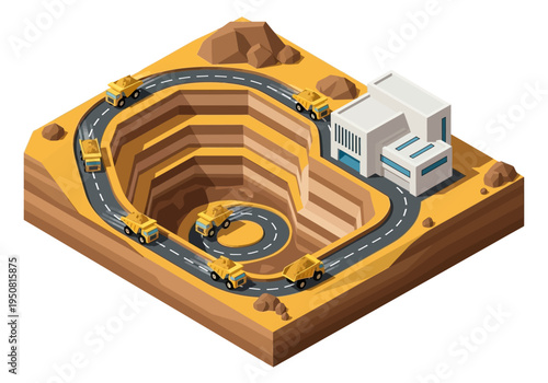 Open pit mine with trucks, buildings, and a road, illustrating heavy industry and resource extraction