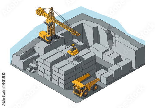 Industrial excavation with heavy machinery, crane, and dump truck in a quarry