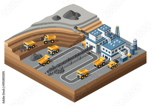 Isometric view of an open pit coal mine with trucks and processing plant