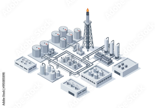 Isometric industrial complex with oil refinery, storage tanks, and processing units, illustrating energy production and manufacturing infrastructure