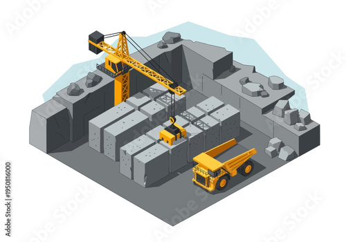 Industrial quarry operations with heavy machinery and stacked stone blocks under a crane