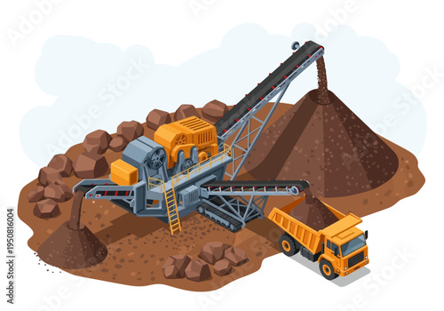 Industrial mining operation with heavy machinery and truck loading materials onto a conveyor belt