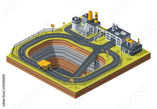 Isometric view of an open-pit mine and industrial complex with a dump truck