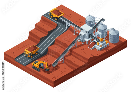 Industrial mining and processing plant with heavy machinery and transportation