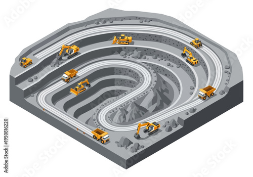 Aerial view of an open-pit mine showcasing excavation and transportation of materials