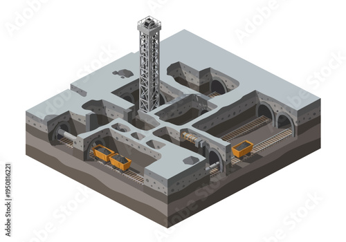 Underground mining operation with shafts, tunnels, and ore carts, illustrated isometric view