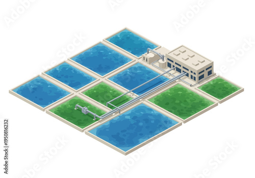 Isometric view of a water treatment plant with filtration beds and industrial buildings, a clean technology concept