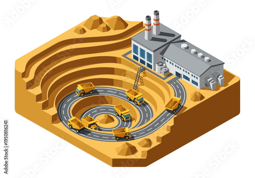 Isometric illustration of an open-pit mine with heavy machinery and industrial processing plant